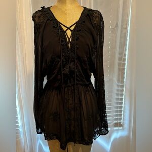 Free People Sheer Embroidered Black Tunic